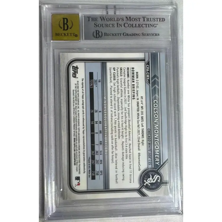 2022 BOWMAN CHROME COLSON MONTGOMERY PURPLE REFRACTOR 1ST AUTO BGS 9/10 Chicago White Sox