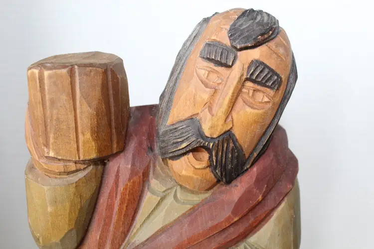 Vintage Myslenice Polish Folk Art 12" Linden Wood Carving Of Peasant