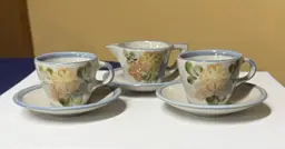 LOUISVILLE STONEWARE COUNTRY FLOWER Blue TRIM CREAMER, 2 cups, 3 saucers
