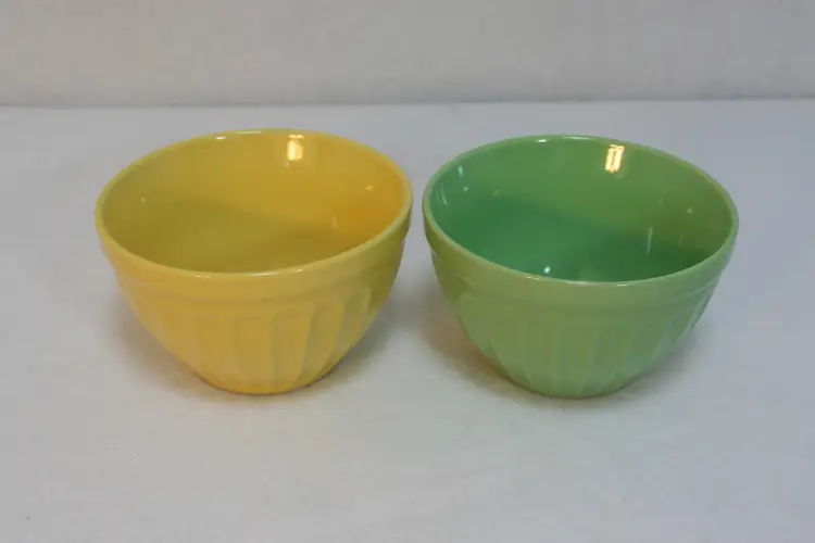 Pier 1 Imports Stoneware Ribbed Lime Green Lemon Yellow Cereal Ice Cream Bowls