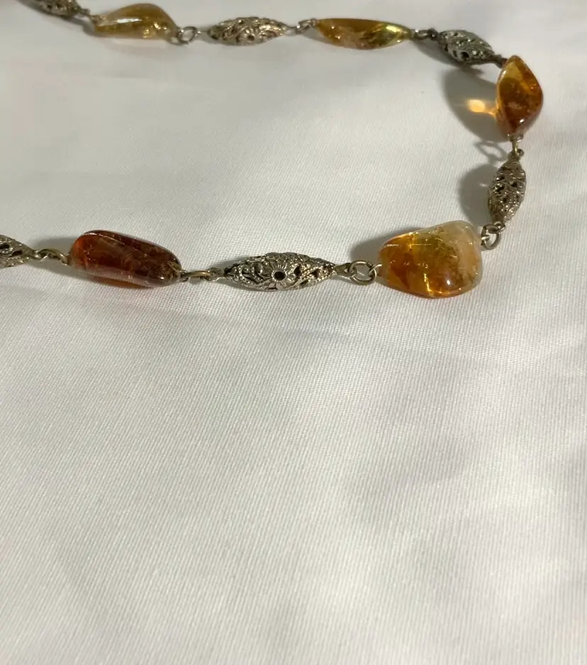 Vintage 29” Honey Amber And Silver Tone Costume Jewelry Necklace