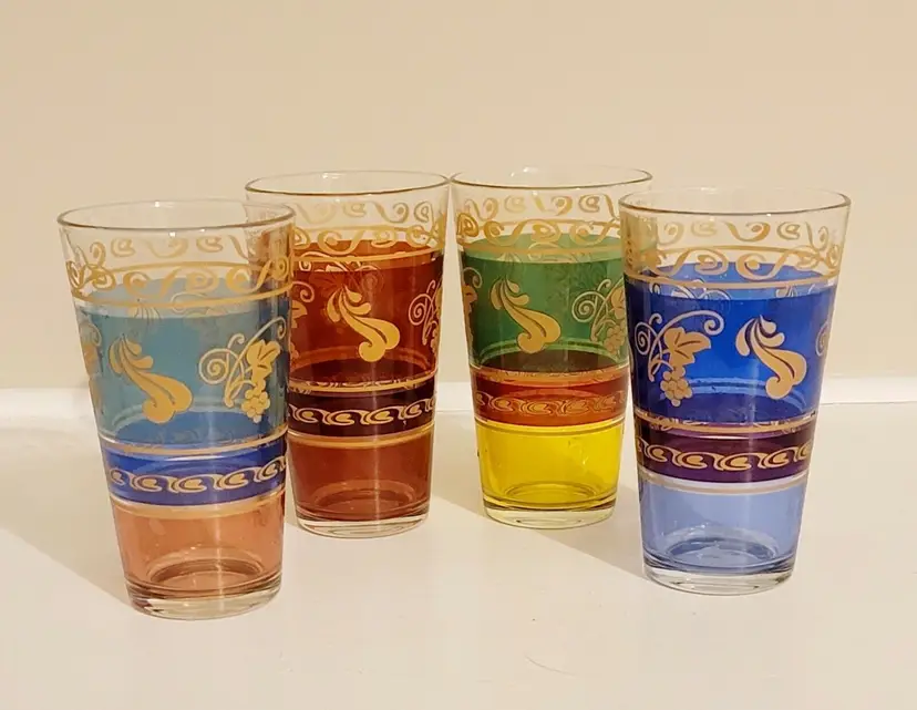 Set of 4 Vintage Moroccan Multicolor Gold Floral Design Juice Glasses 3 X 5.5
