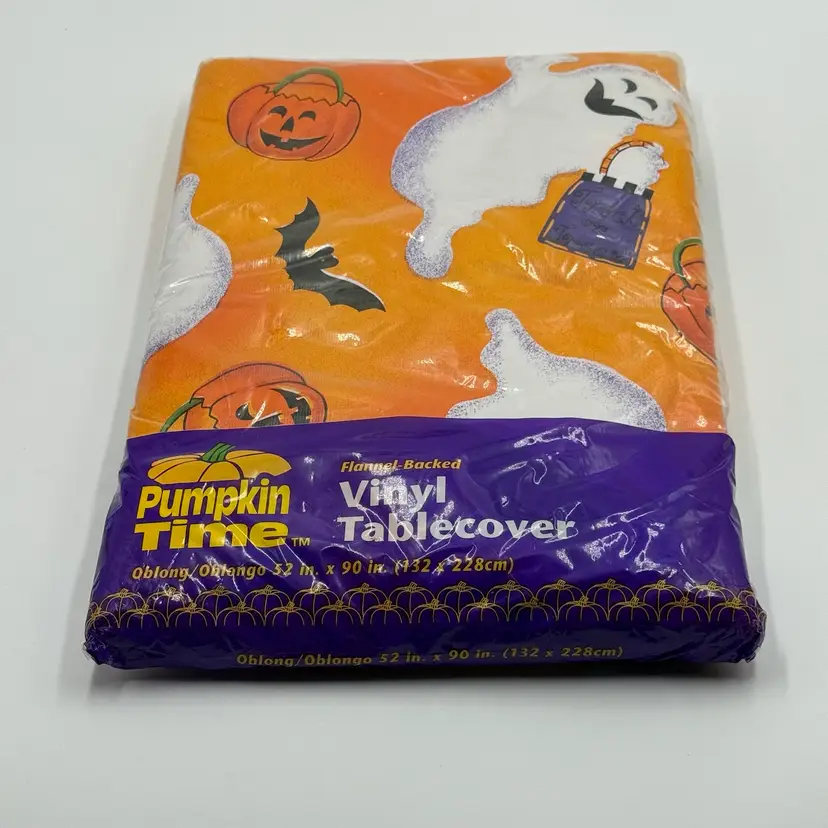 Pumpkin Time Kmart Vintage Halloween Vinyl Flannel Backed Tablecloth 52” X 90” New