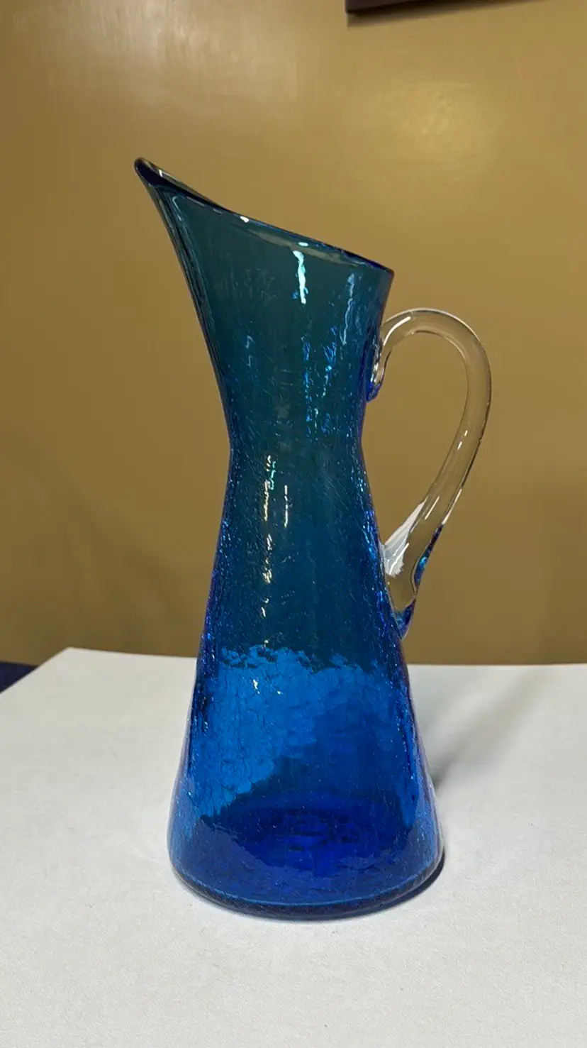 Pilgrim Blue Crackle Glass Pitcher with Applied Handle Pontil 11” tall