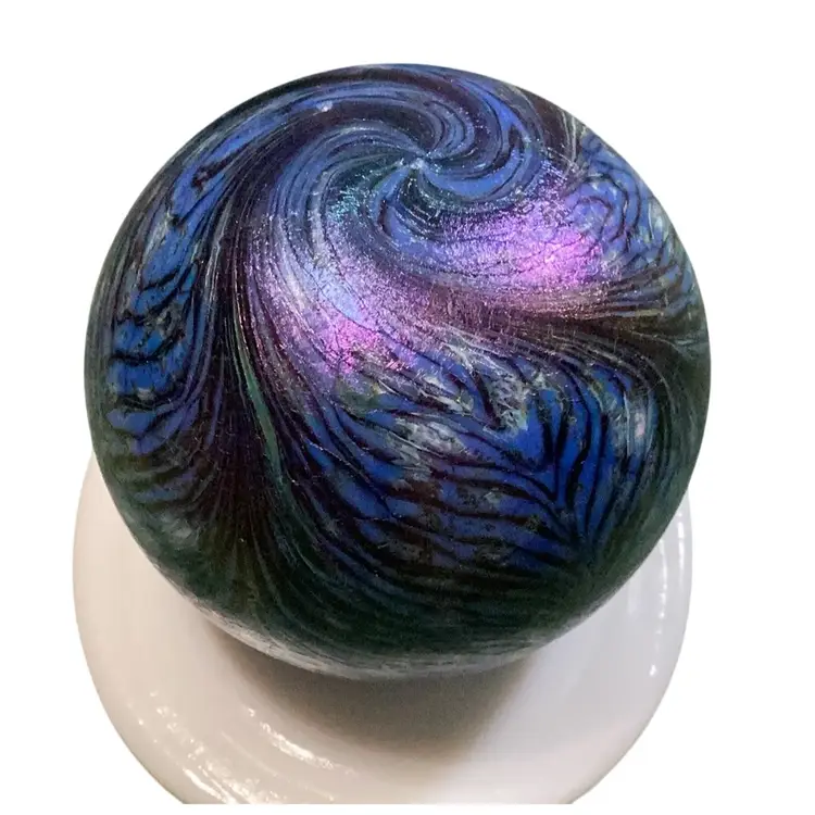 Robert Held Paperweight Iridescent Pulled Feather. Lots Of Wear And A Few Dings 3” Diameter