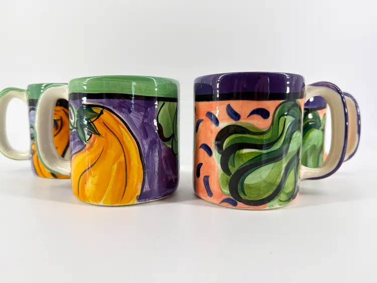 Lot 4 Signed Vicki Carroll "Bon Appetite" Coffee Mugs Hand Painted 1995 EUC