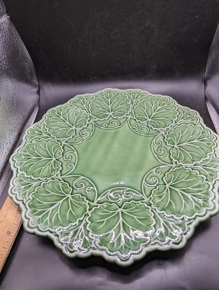 Vintage Geranium Green Leaf Majolica Charger Plate J Willfred Portugal From the House of Bordallo Pinhiero