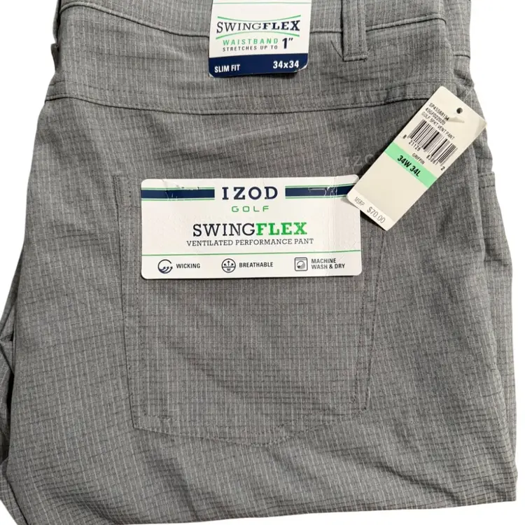 New $70 This is a pair of Izod Golf Swingflex Slim Fit Ventilated Performance Pants in a light gray or cinder block color and size 34x34