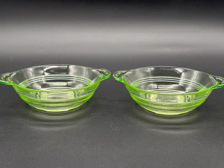 Anchor Hocking Banded Rings Green Depression Glass Uranium Bowls Handle (Set of 2) | Uranium Glass