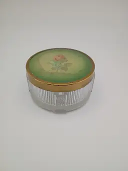 Vintage glass powder box with metal lid