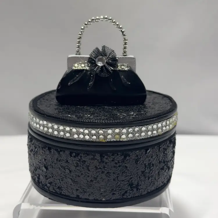 #1578 Black Glitter with Silver Rhinestone Trinket Box, Rhinestone, Ultra Craft Brooch Felt Bottom And Side And Out