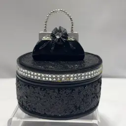#1578 Black Glitter with Silver Rhinestone Trinket Box, Rhinestone, Ultra Craft Brooch Felt Bottom And Side And Out
