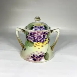 Nippon Purple Violet Sugar Bowl Hand Painted Floral Vintage Victorian Antique Lid 5”