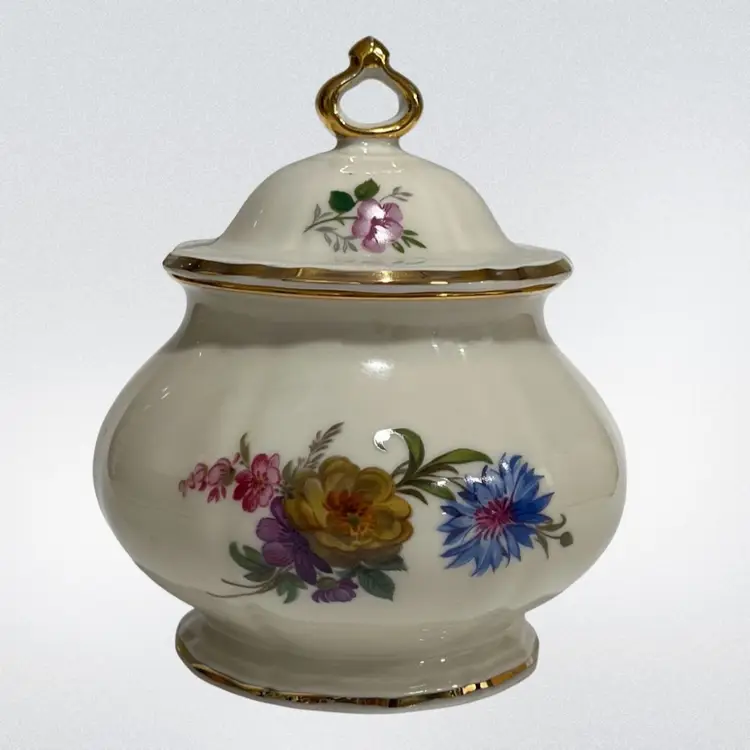Rosenthal - Bahnhof Selb “Chippendale” Mustard / Jam Pot / Sugar Bowl with Lid – Germany – Gold Trim, 5” Tall, 4” Wide