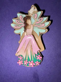 Vintage Lucinda Angel Pin / Brooch - She is Dressed In Shimmering Pink With Aqua Wings ~ She’s Holding A White Dove ~ Has Beautiful Pink Flowers At Her Feet