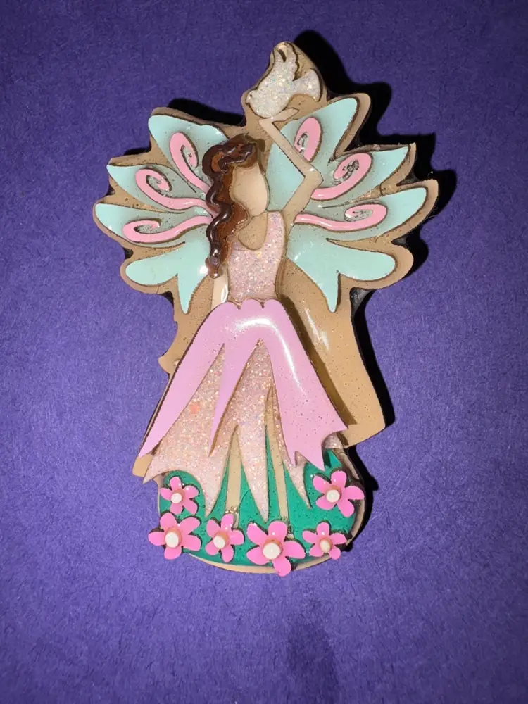 Vintage Lucinda Angel Pin / Brooch - She is Dressed In Shimmering Pink With Aqua Wings ~ She’s Holding A White Dove ~ Has Beautiful Pink Flowers At Her Feet