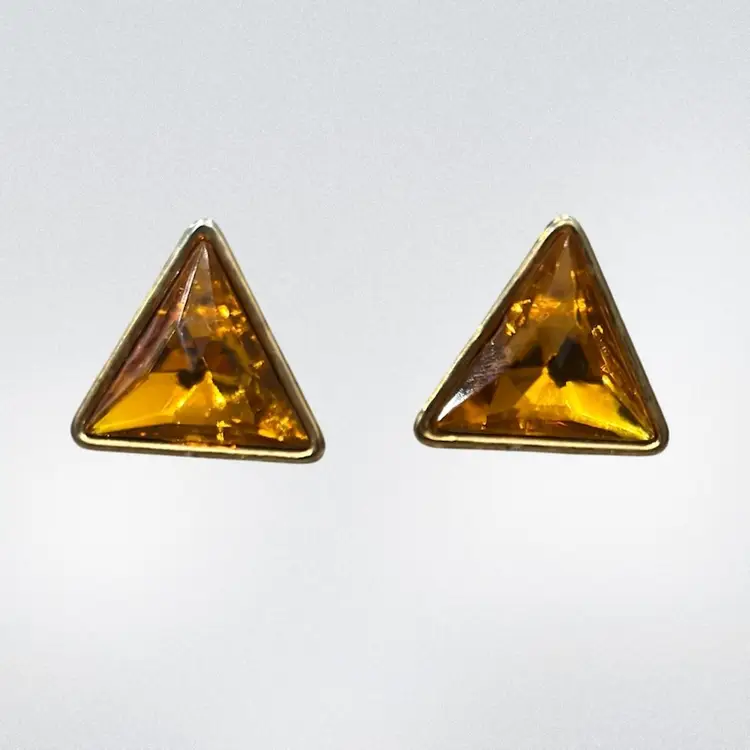 Triangle Gold Tone Pierced Earrings With Orange Stone