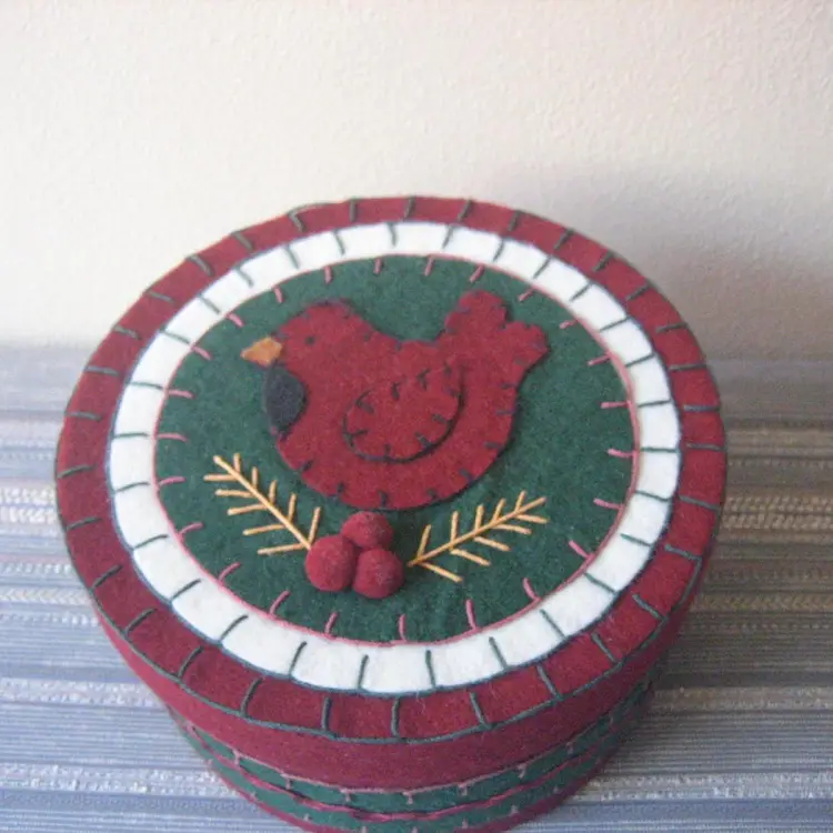 Round Felt Green and Red Keepsake Box, Cardinal Christmas Decor, Fabric Lined Bird with Berries Covered Box