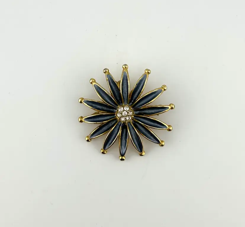 Gold Tone Blue Flower Brooch/Pendant With Rhinestones 2”