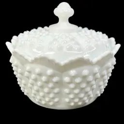 Fenton Hobnail 5-1/4” White Milk Glass Scalloped Lidded Candy Dish. Fenton Embossed On Bottom.