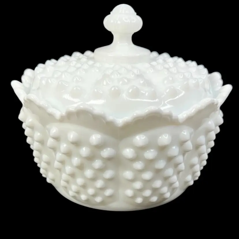 Fenton Hobnail 5-1/4” White Milk Glass Scalloped Lidded Candy Dish. Fenton Embossed On Bottom.