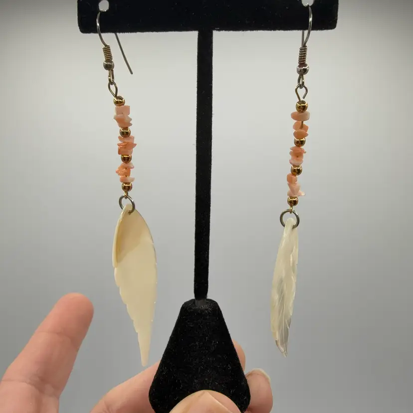 Mother Of Pearl Carved Feather Fish Hook Pierced Earrings