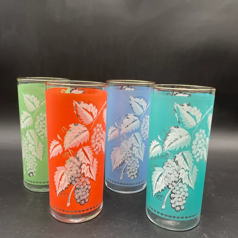 Lot Of 4 Vintage Frosted Grapevine Design Tom Collins Glasses