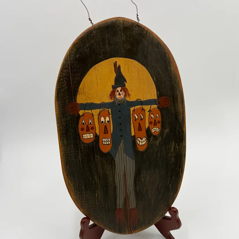 Primitive Scarecrow Pumpkin Jack O Lanterns Wood Folk Art Halloween Hand Painted Wall Plaque