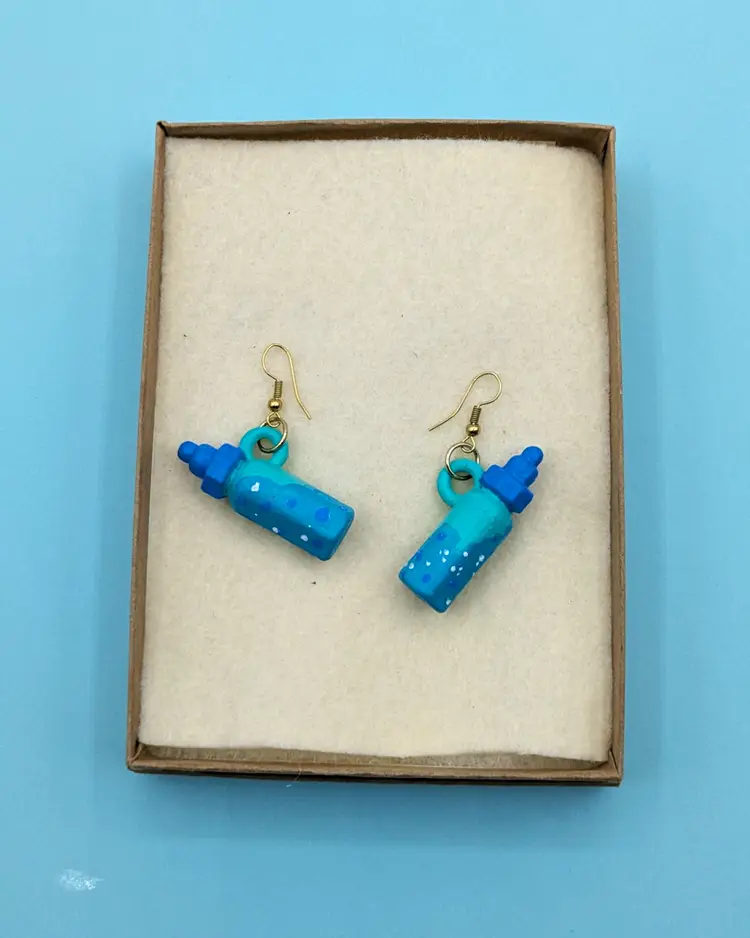 Playful Blue Water Bottle Hand-painted Dangling Earrings
