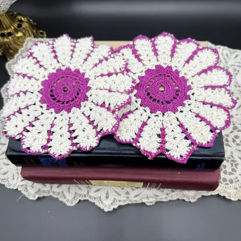 🐞2 Vtg Hand crocheted doilies white, light purple cotton 6”