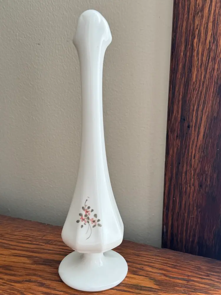 Vintage Fenton Milk Glass Swung Vase Hand Painted And Signed