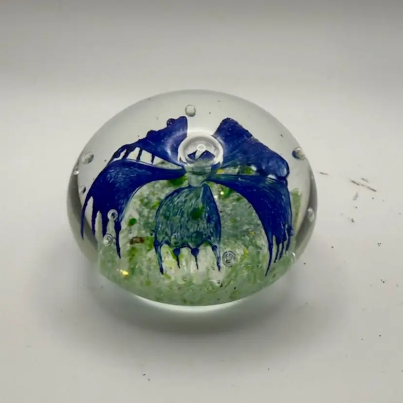 Vintage Hand-Blown Blue Floral Art Glass Paperweight