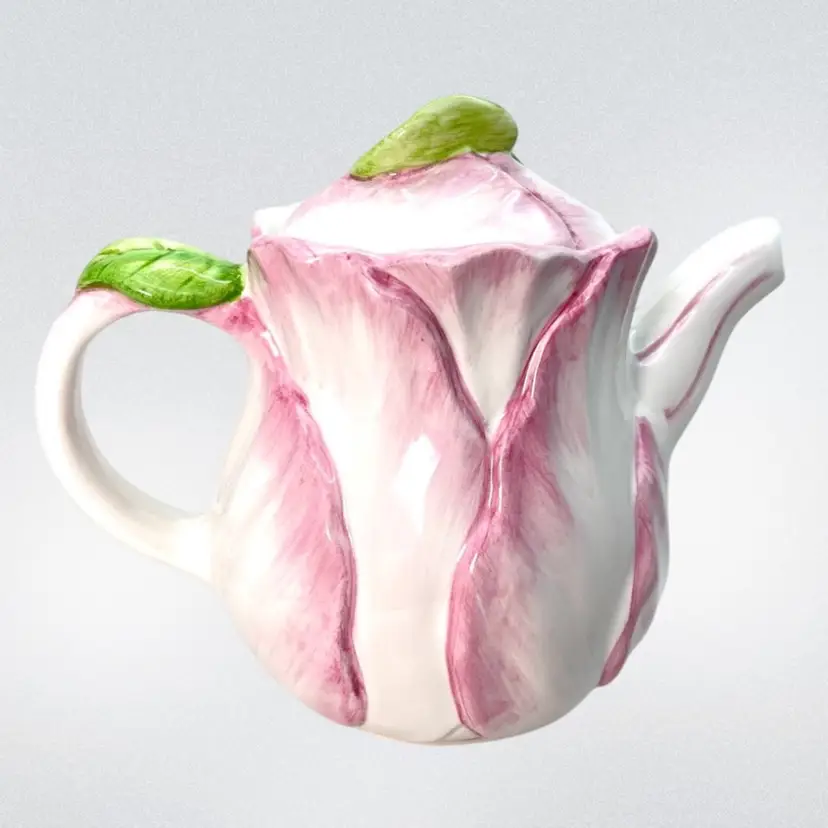 Bombay Company 1992 Pink Tulip Flower Shaped Lidded Teapot With Green Leaves. “Spring Blossoms” Vintage Pattern. Super Pretty ! 7” high with lid x 8” handle-to-spout x 5” wide.