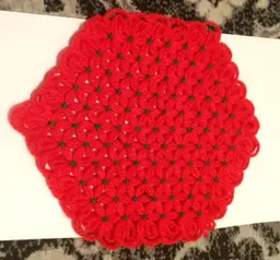 Handmade Doily! Red Flowers with Green Centers. 10" x 11"