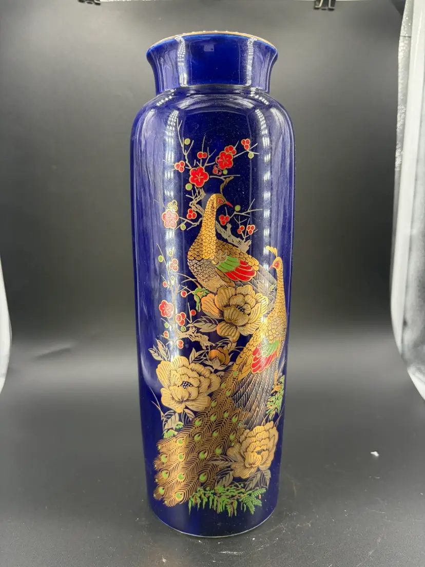 JAPANESE COBALT BLUE VASE WITH PEACOCK AND FLORAL DESIGN