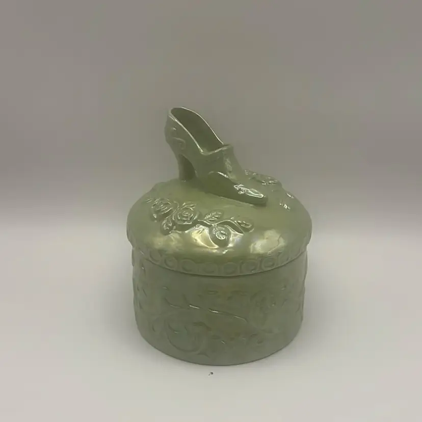 Vintage Ceramic Trinket Box In A Green Glaze And Lidded With A Shoe On Top
