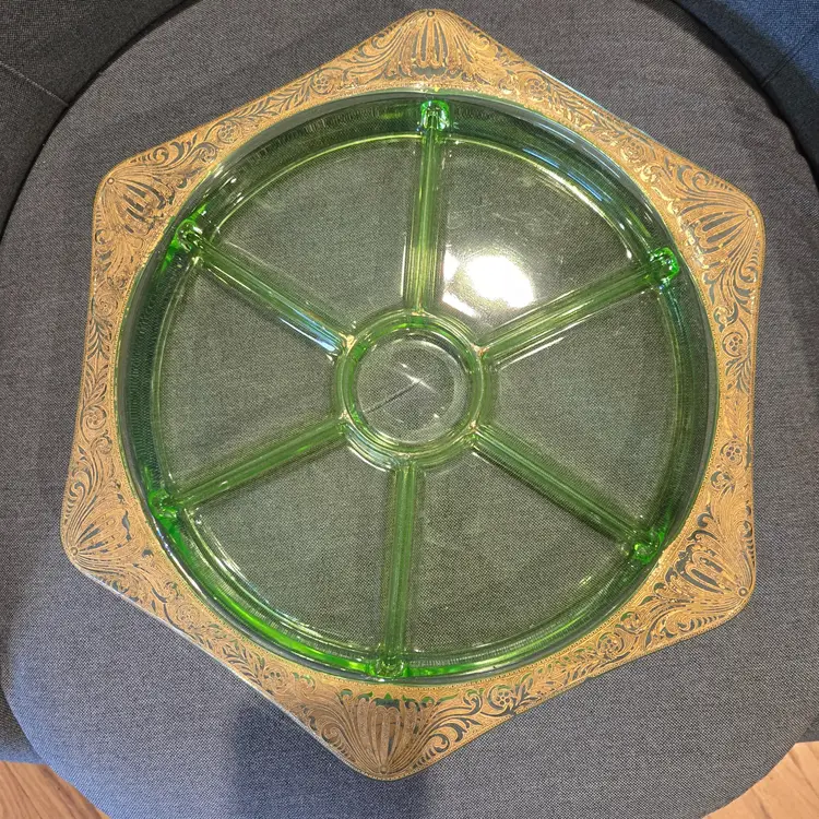 Vintage Hexagonal Uranium glass gold trim chip and dip plate GLOWS