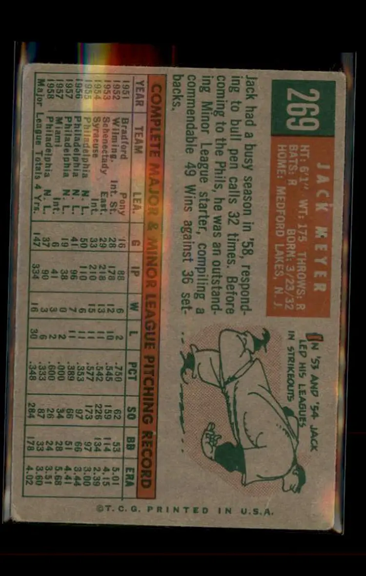 1959 Topps #269b Jack Meyer - (pk4) - Philadelphia Phillies