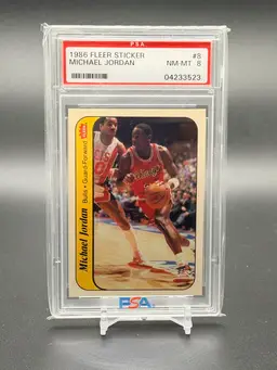 MICHAEL JORDAN PSA 8 NM-MT 1986-87 FLEER BASKETBALL #8 ROOKIE STICKER RC BULLS