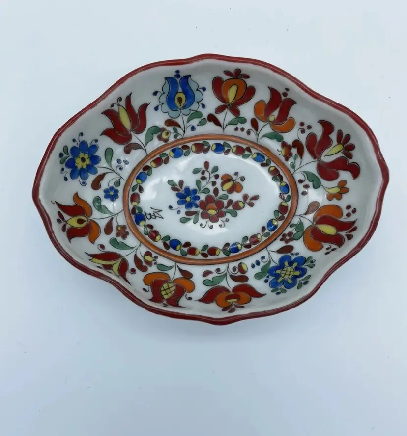 VTG Small Ceramic Dresden Colorful Hand Painted Design Trinket Dish Signed Read