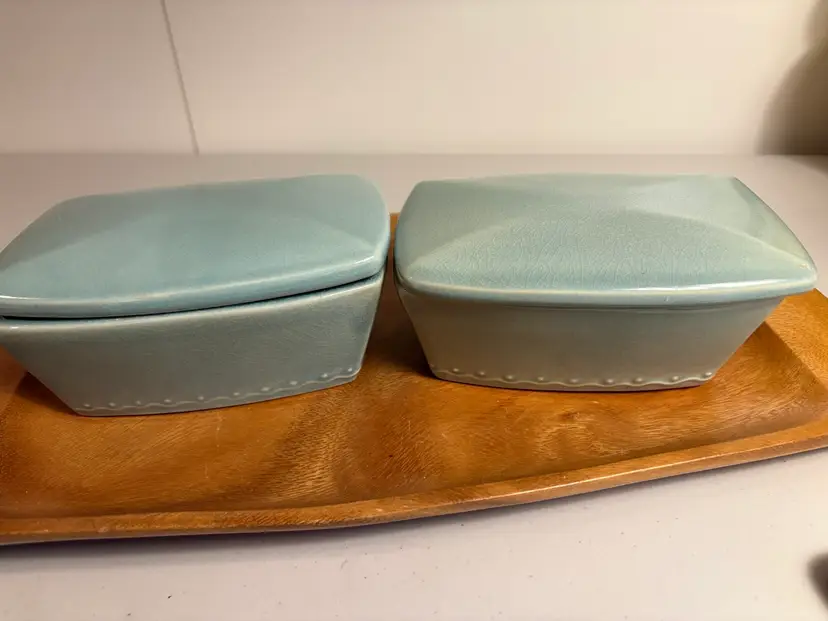 Two Vintage Pier 1 Celadon Crackle Glaze Ceramic Boxes