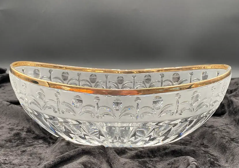 Vintage German Leaded Crystal Elongated Curved Bowl, Gold Trim, Etched Flowers