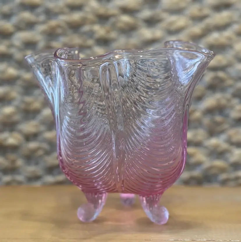 Fenton Pink/Purple Glass Scroll Footed Draped Handkerchief Pulled Feather Vase