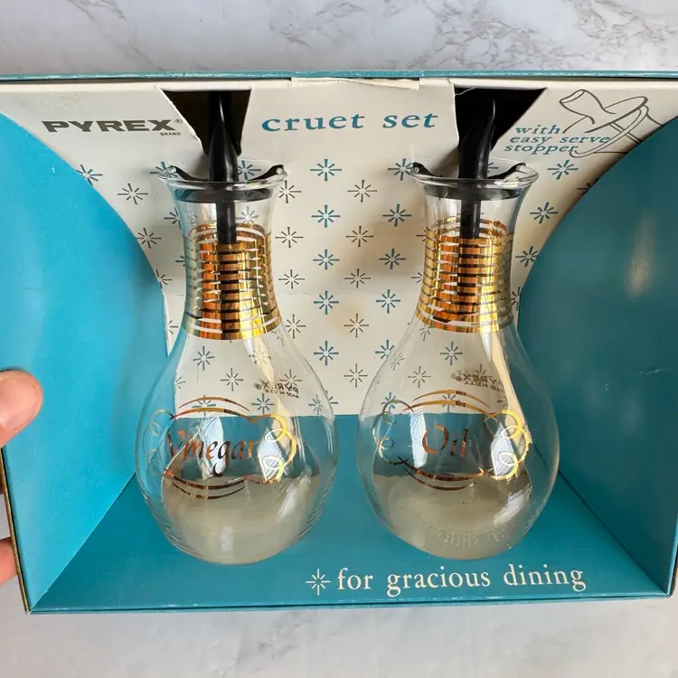 Vintage MCM Pyrex Oil & Vinegar Cruet Set in Original Box Appears Unused