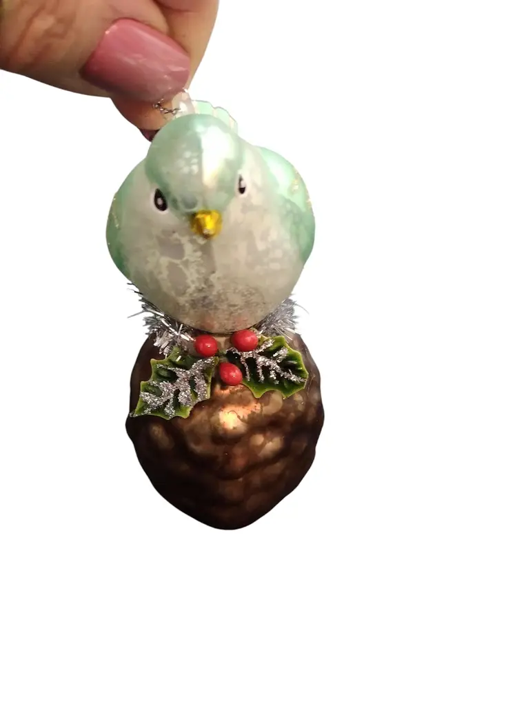 Bird on Pinecone Glass Ornament Christmas Glitter Holly Leaves Holiday