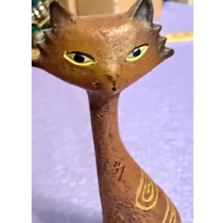 Vintage Mid Century Modern Hand Carved Wooden Cat Figurine MCM Folk Art Kitsch 6.5"