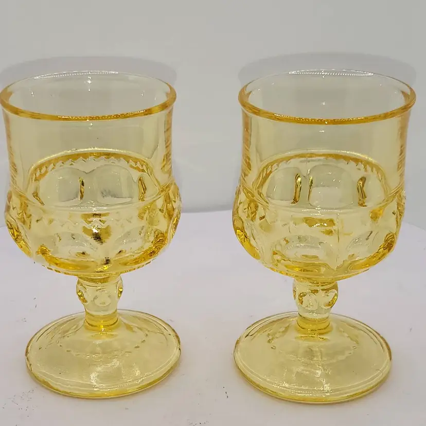 Vintage Yellow Indiana Glass Thumbprint King's Crown Cordial/Juice Glasses 4 1/2 " Set of 2 Replacements