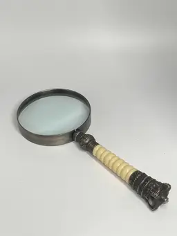 Vtge Magnifying Glass w/ Ribbed Acrylic Handle & Ornate Metalwork at the Base