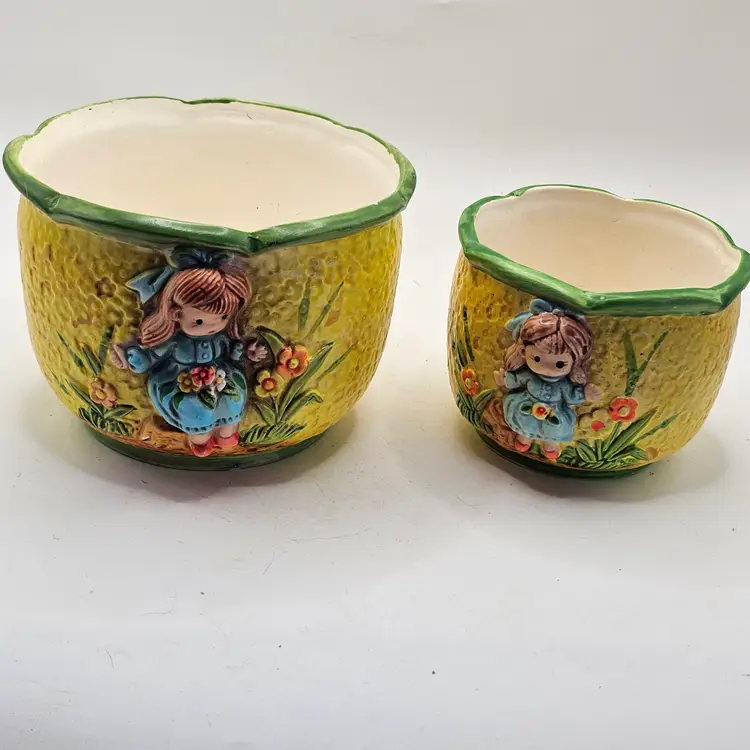 D-Ann Imp ceramic planters vintage set of 2 little girl flowers