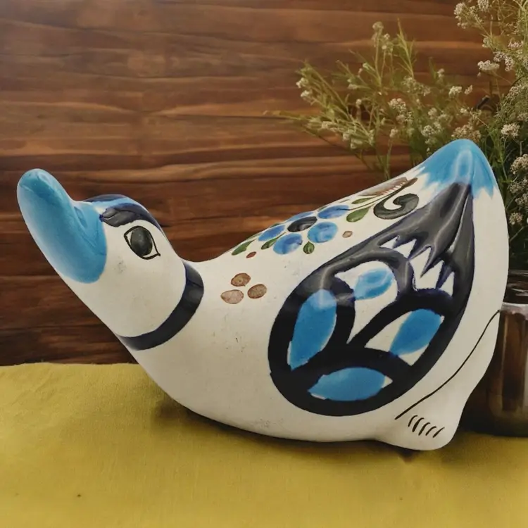 Vtg Tonala Talavera Mexican Pottery Folk Art Hand Painted Bright Blues Duck Bird